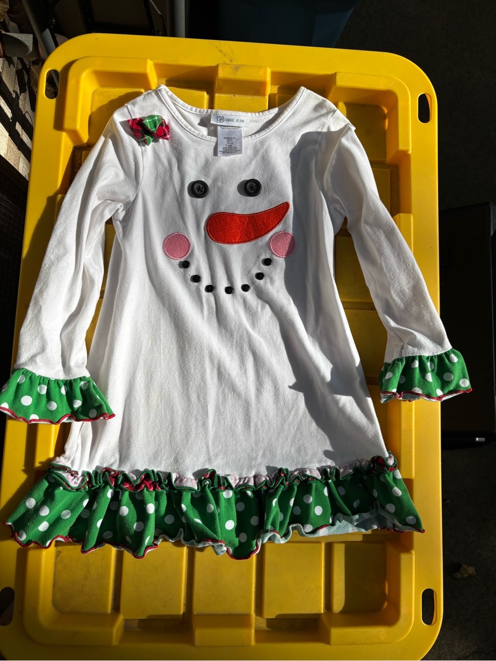 Bonnie Jean White & Green Snowman Ruffle Holiday Dress Top and matching leggings